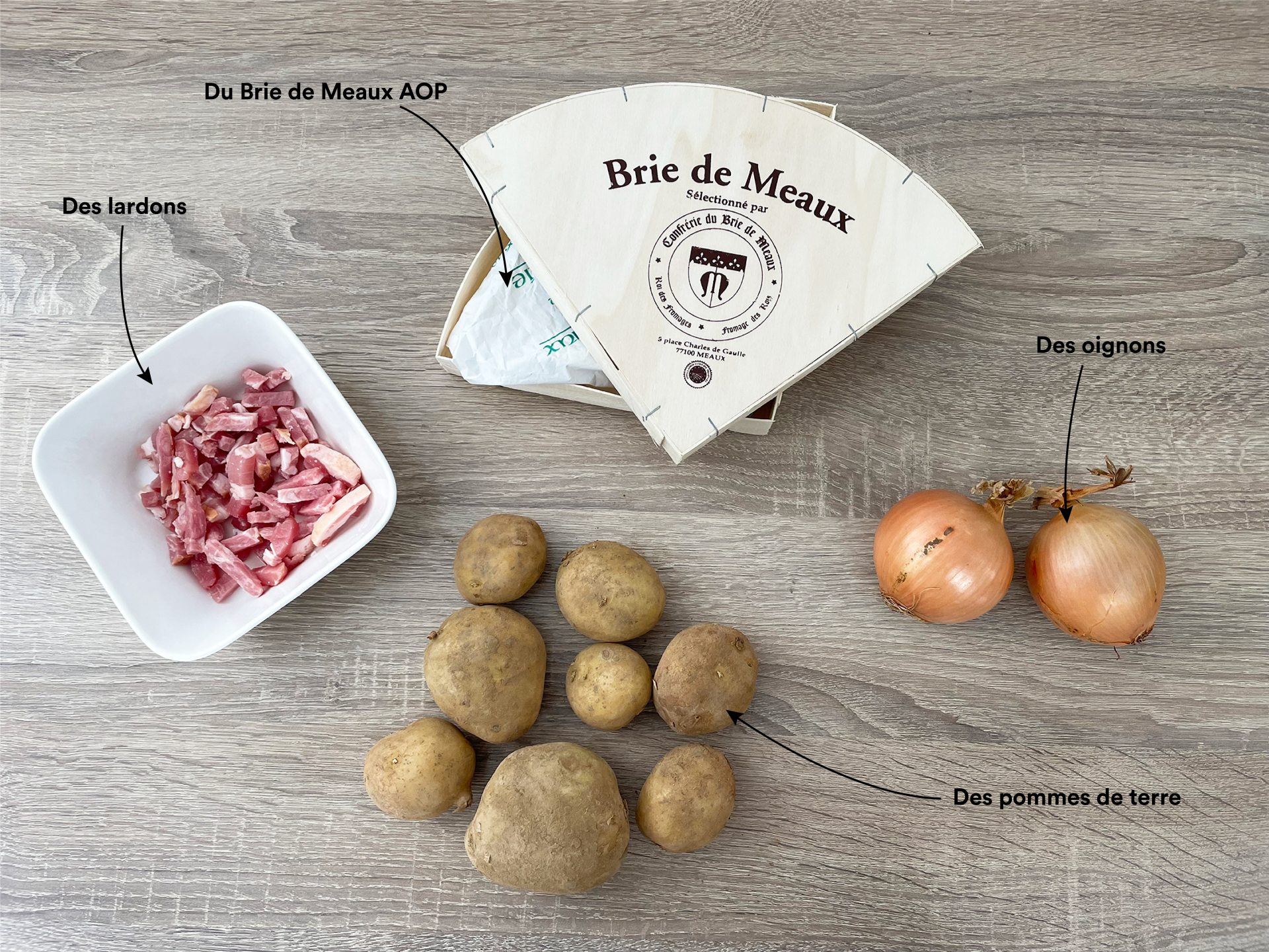 Ingrédients de la Brieflette : Brie de Meaux AOP, lardons, pommes de terre, oignon(s)